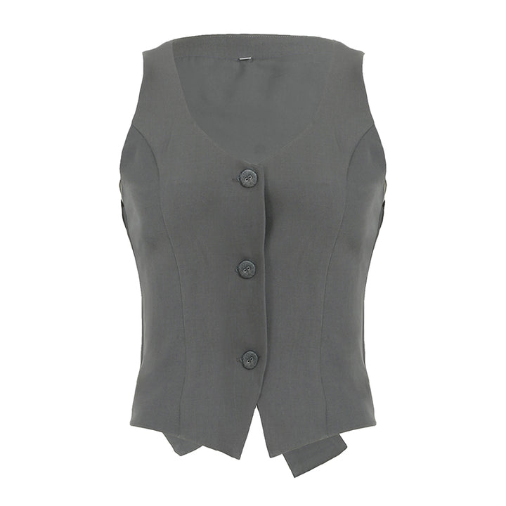 Tailored Button-Up Vest and Skort Set in Gray - Vedlit