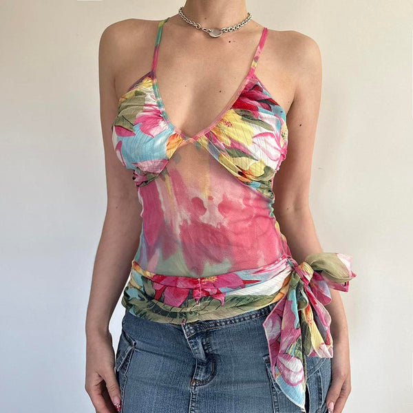 Tie-Dye Mesh Backless Halter Tank Top - Vedlit