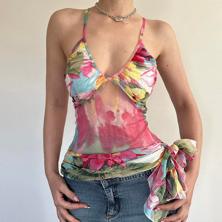 Tie-Dye Mesh Backless Halter Tank Top - Vedlit