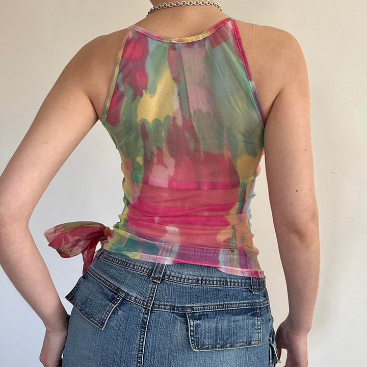Tie-Dye Mesh Backless Halter Tank Top - Vedlit