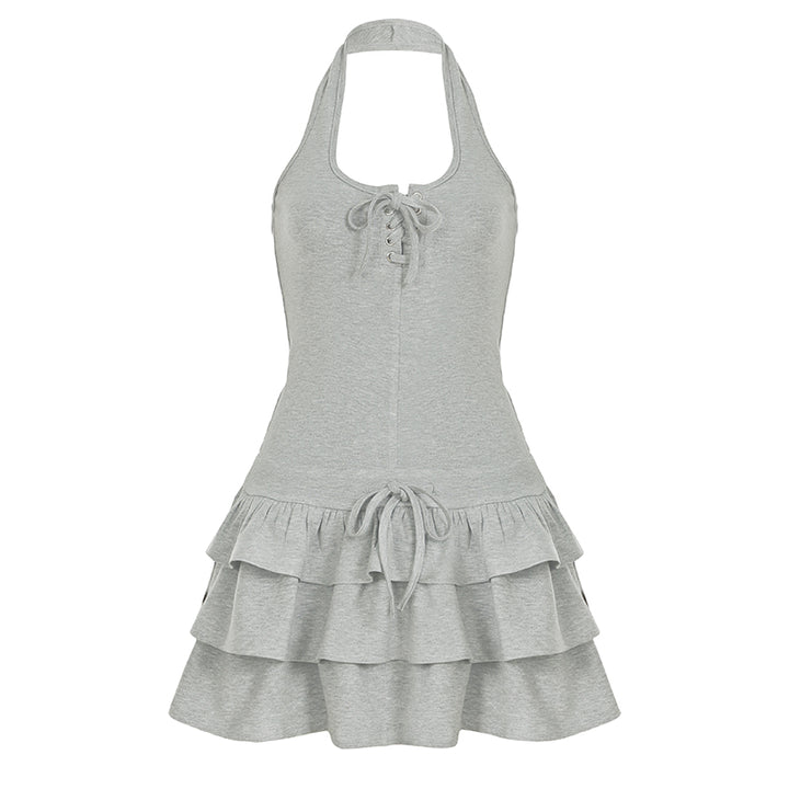 Tiered Ruffle Halter Mini Dress - Lace-Up Backless Gray - Vedlit