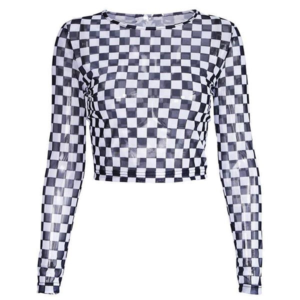 Checkered Long Sleeve Crop Top - Vedlit