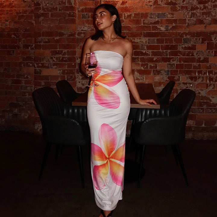 Tropical Floral Tube Maxi Dress – Strapless Bodycon Summer Look - Vedlit