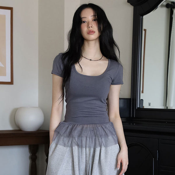 Tulle Hem Scoop Neck Fitted Tee in Charcoal Gray - Vedlit