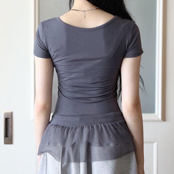 Tulle Hem Scoop Neck Fitted Tee in Charcoal Gray - Vedlit