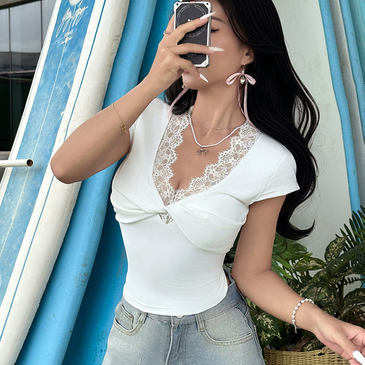 Twist Front Lace Trim V-Neck Fitted Tee – White Chic - Vedlit