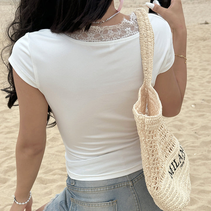 Twist Front Lace Trim V-Neck Fitted Tee – White Chic - Vedlit