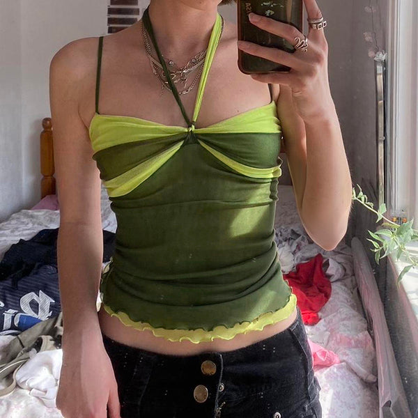 Two-Tone Green Halter Sheer Mesh Ruffle Hem Cami Top - Vedlit
