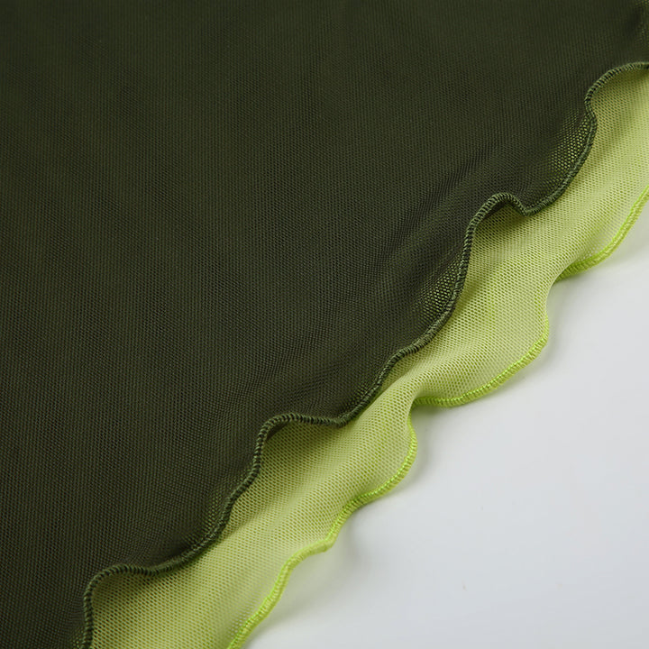 Two-Tone Green Halter Sheer Mesh Ruffle Hem Cami Top - Vedlit