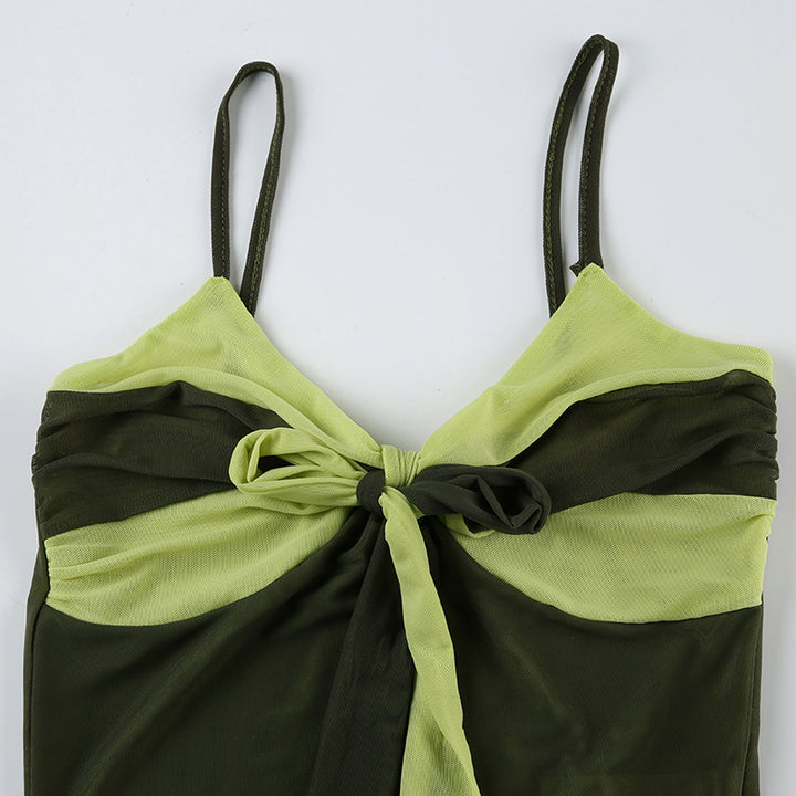 Two-Tone Green Halter Sheer Mesh Ruffle Hem Cami Top - Vedlit