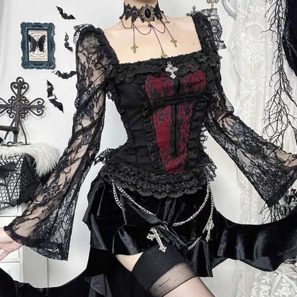 Victorian Gothic Lace Long Sleeve Top - Vedlit