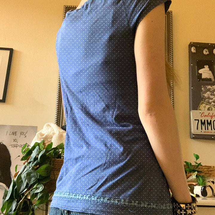 Vintage Blue Polka Dot Babydoll Cap Sleeve Top - Vedlit