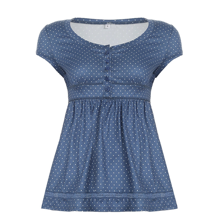 Vintage Blue Polka Dot Babydoll Cap Sleeve Top - Vedlit