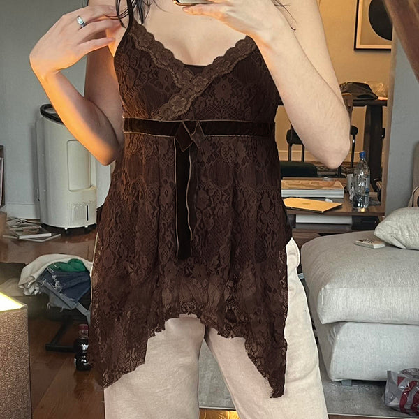Vintage Brown Lace Cami Top with Velvet Bow Detail - Vedlit