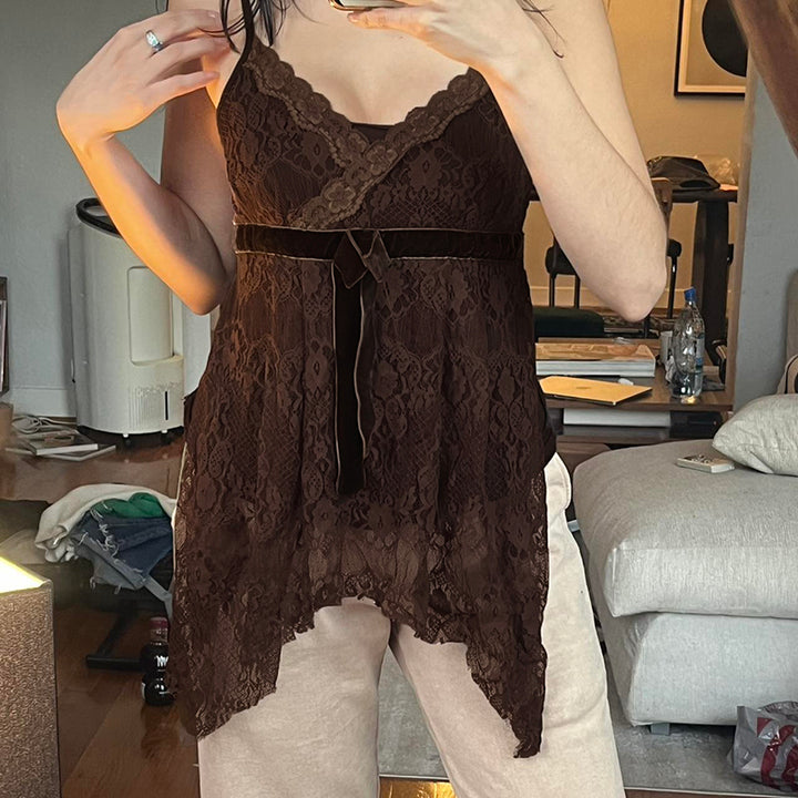 Vintage Brown Lace Cami Top with Velvet Bow Detail - Vedlit