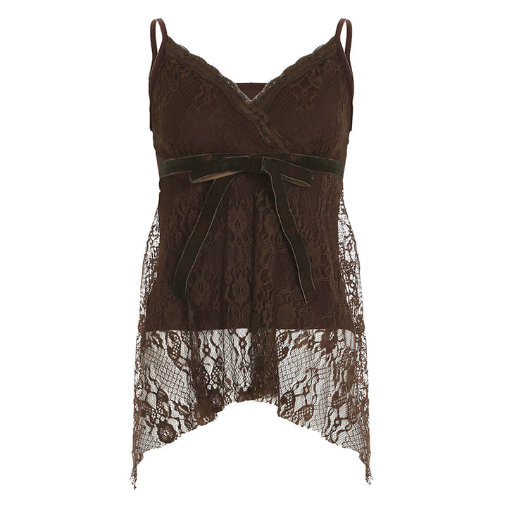 Vintage Brown Lace Cami Top with Velvet Bow Detail - Vedlit