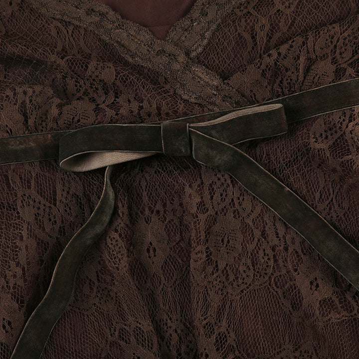 Vintage Brown Lace Cami Top with Velvet Bow Detail - Vedlit