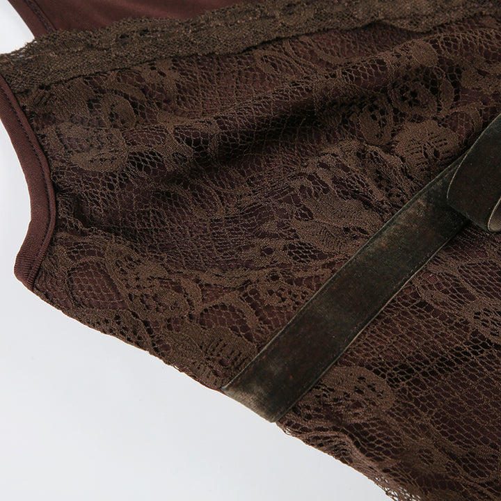 Vintage Brown Lace Cami Top with Velvet Bow Detail - Vedlit