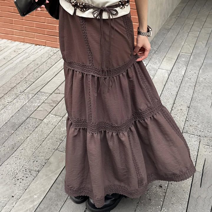 Vintage Brown Tiered Maxi Skirt with Lace Trim - Vedlit