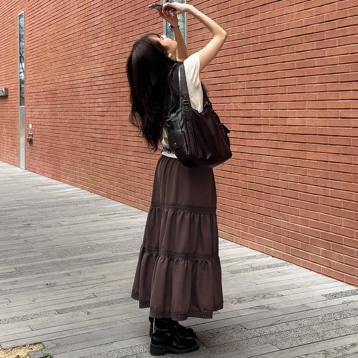 Vintage Brown Tiered Maxi Skirt with Lace Trim - Vedlit