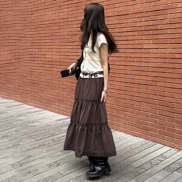 Vintage Brown Tiered Maxi Skirt with Lace Trim - Vedlit