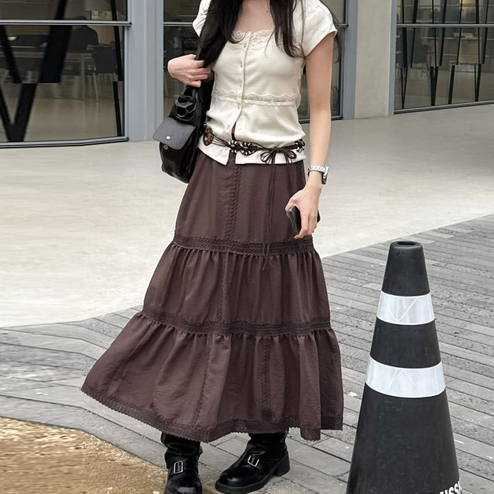Vintage Brown Tiered Maxi Skirt with Lace Trim - Vedlit