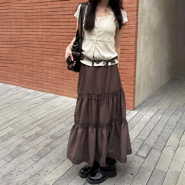 Vintage Brown Tiered Maxi Skirt with Lace Trim - Vedlit