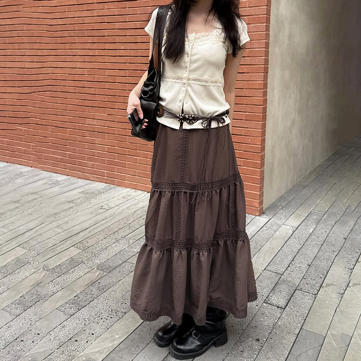Vintage Brown Tiered Maxi Skirt with Lace Trim - Vedlit