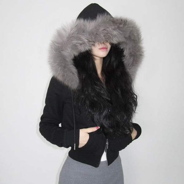 Vintage Faux Fur Zipper Hoodie - Vedlit