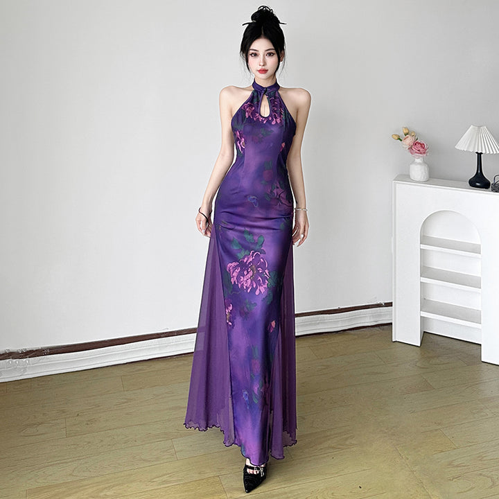 Vintage Floral Halter Bodycon Maxi Dress in Purple - Vedlit
