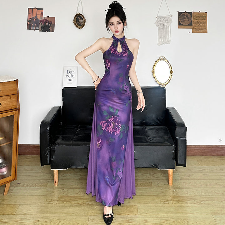 Vintage Floral Halter Bodycon Maxi Dress in Purple - Vedlit
