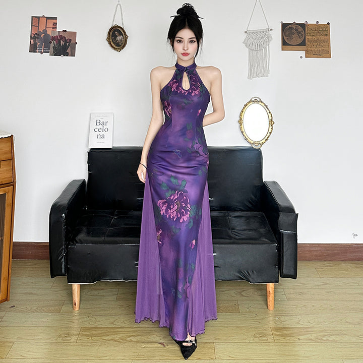 Vintage Floral Halter Bodycon Maxi Dress in Purple - Vedlit