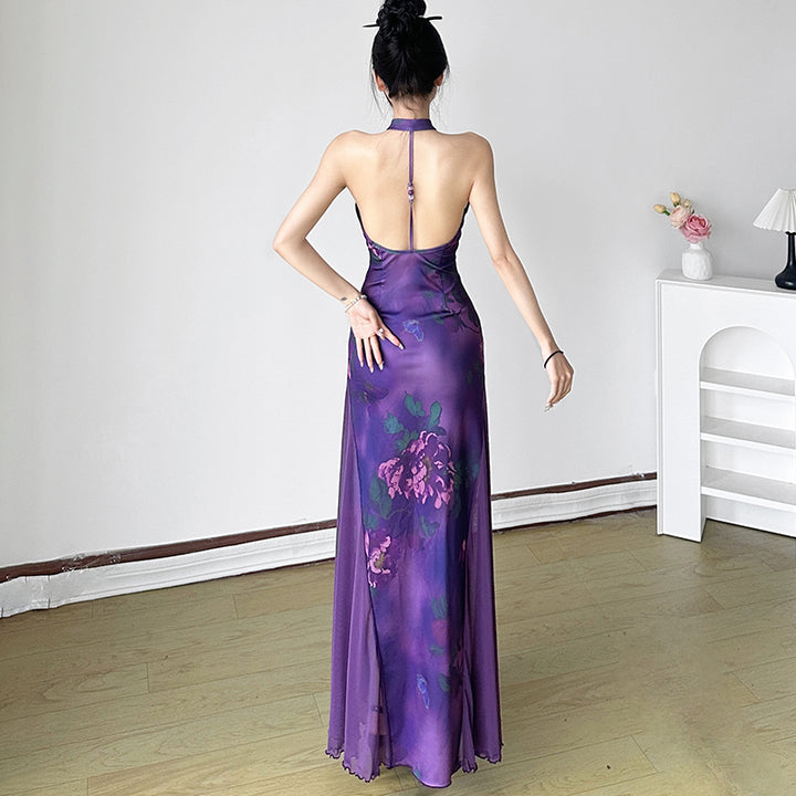 Vintage Floral Halter Bodycon Maxi Dress in Purple - Vedlit