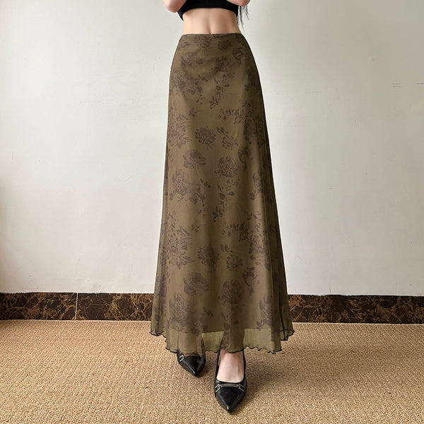 Vintage Floral Mesh Maxi Skirt in Olive Brown - Vedlit