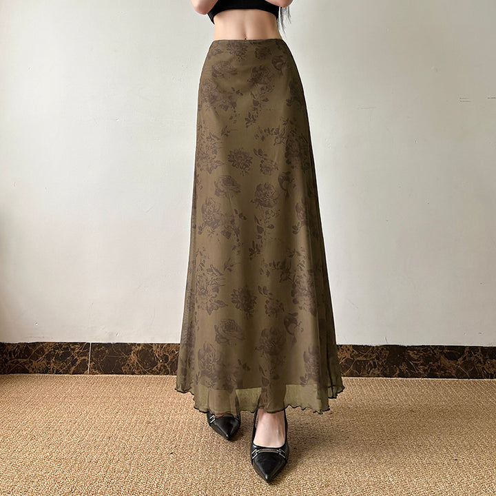 Vintage Floral Mesh Maxi Skirt in Olive Brown - Vedlit