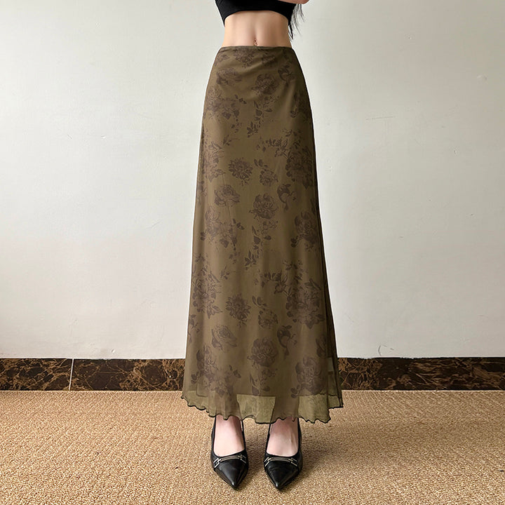 Vintage Floral Mesh Maxi Skirt in Olive Brown - Vedlit