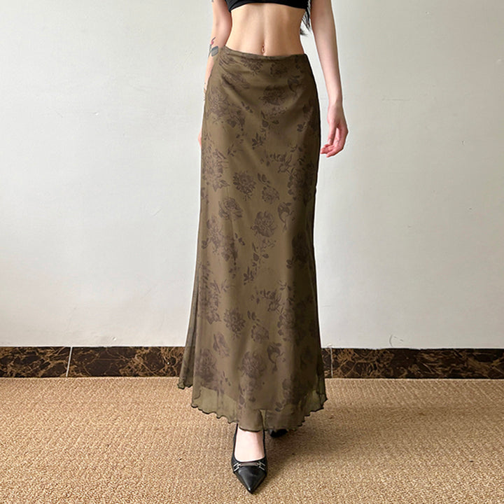 Vintage Floral Mesh Maxi Skirt in Olive Brown - Vedlit