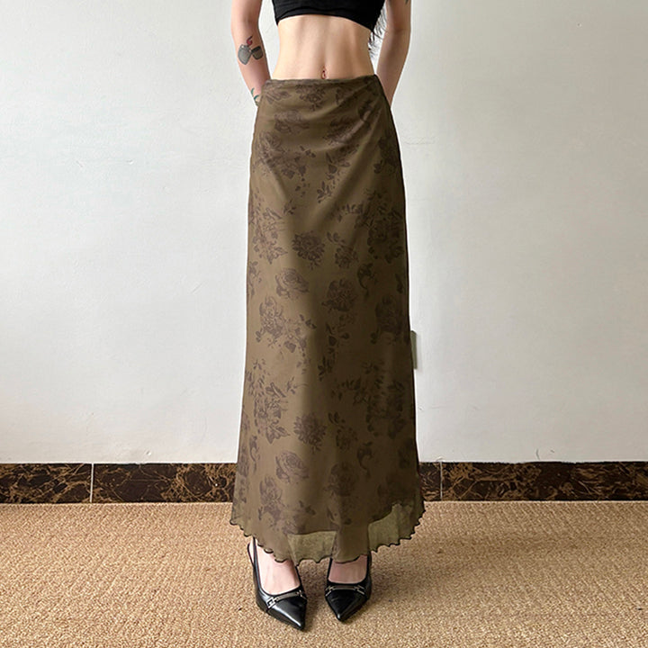 Vintage Floral Mesh Maxi Skirt in Olive Brown - Vedlit