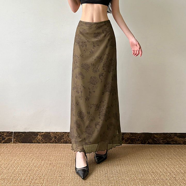 Vintage Floral Mesh Maxi Skirt in Olive Brown - Vedlit