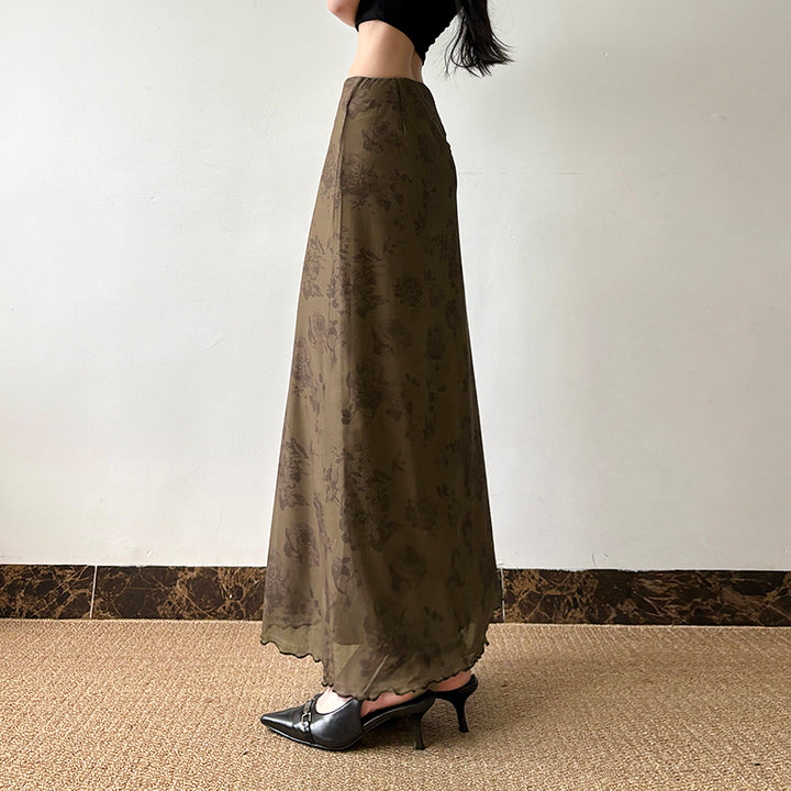 Vintage Floral Mesh Maxi Skirt in Olive Brown - Vedlit