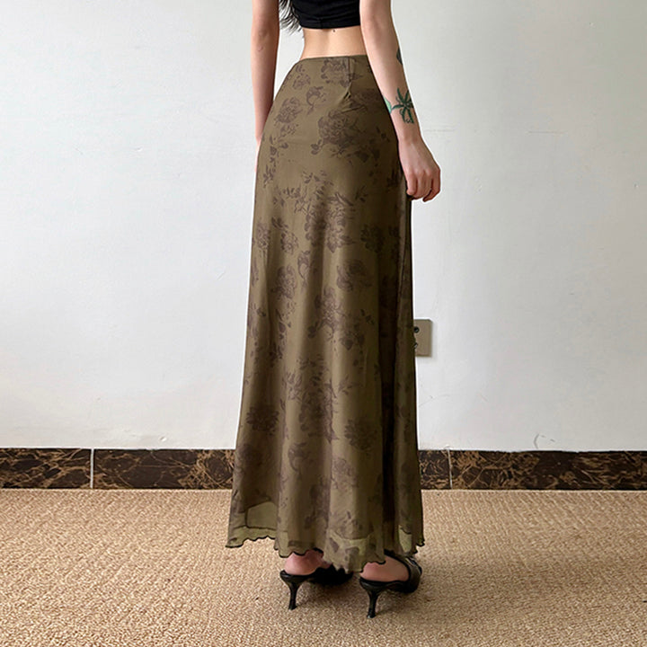 Vintage Floral Mesh Maxi Skirt in Olive Brown - Vedlit