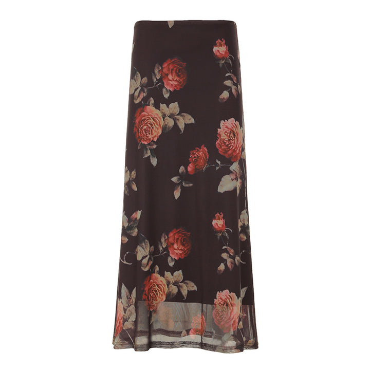 Vintage Floral Sheer Mesh Maxi Skirt with Rose Print - Vedlit