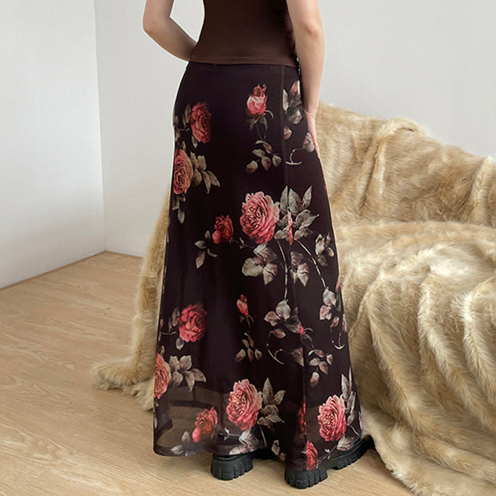 Vintage Floral Sheer Mesh Maxi Skirt with Rose Print - Vedlit