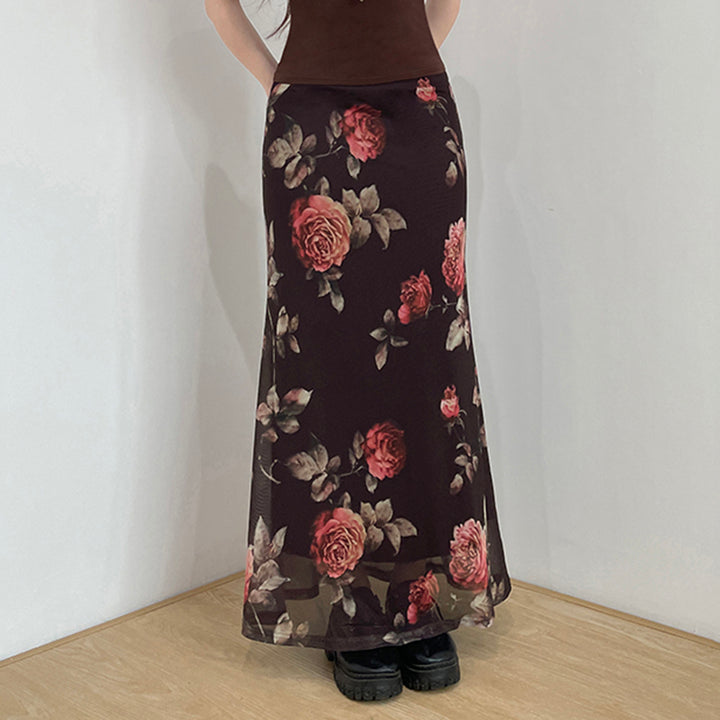 Vintage Floral Sheer Mesh Maxi Skirt with Rose Print - Vedlit