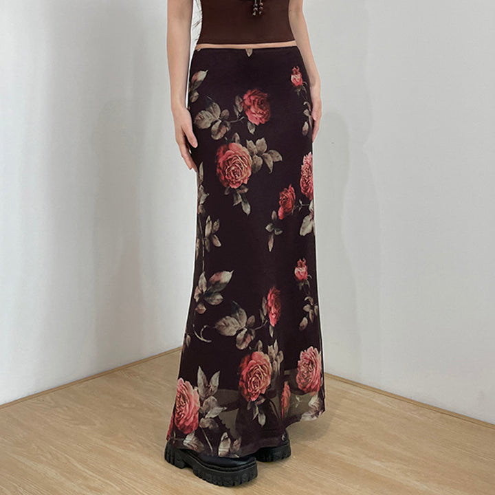 Vintage Floral Sheer Mesh Maxi Skirt with Rose Print - Vedlit