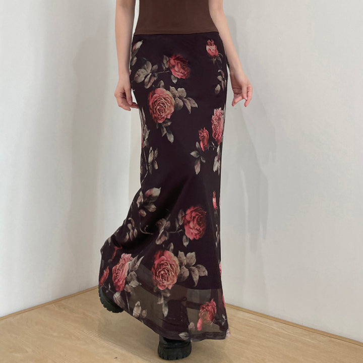 Vintage Floral Sheer Mesh Maxi Skirt with Rose Print - Vedlit