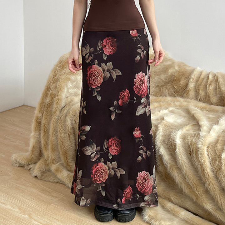 Vintage Floral Sheer Mesh Maxi Skirt with Rose Print - Vedlit