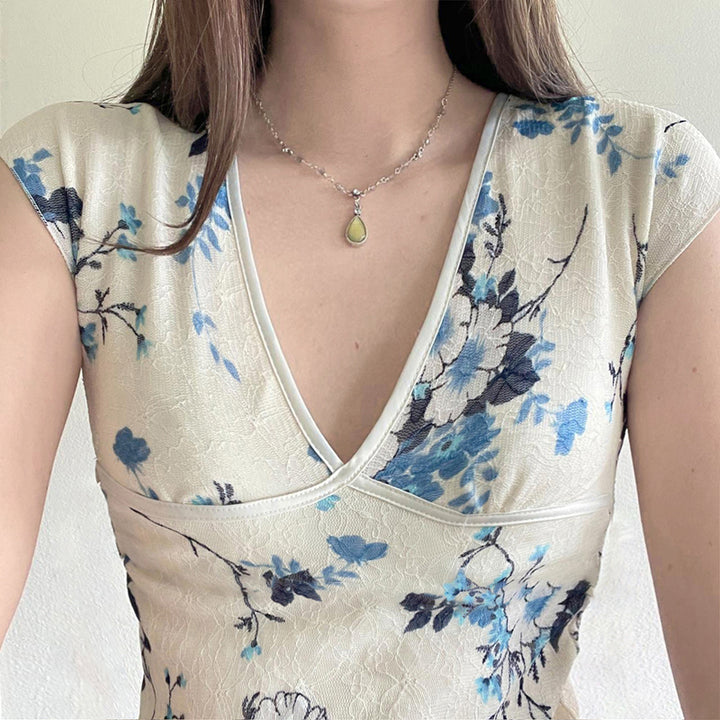 Vintage Floral V-Neck Cap Sleeve Blouse Top - Vedlit