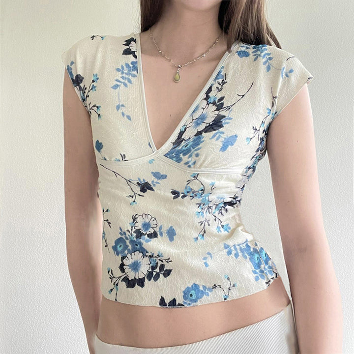 Vintage Floral V-Neck Cap Sleeve Blouse Top - Vedlit