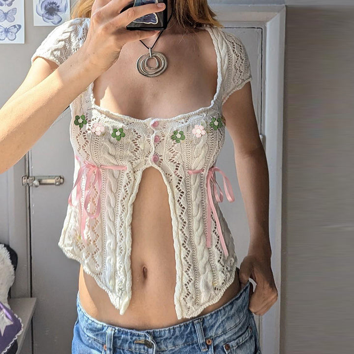 Vintage Knit Floral Lace-Up Open Front Top - Vedlit